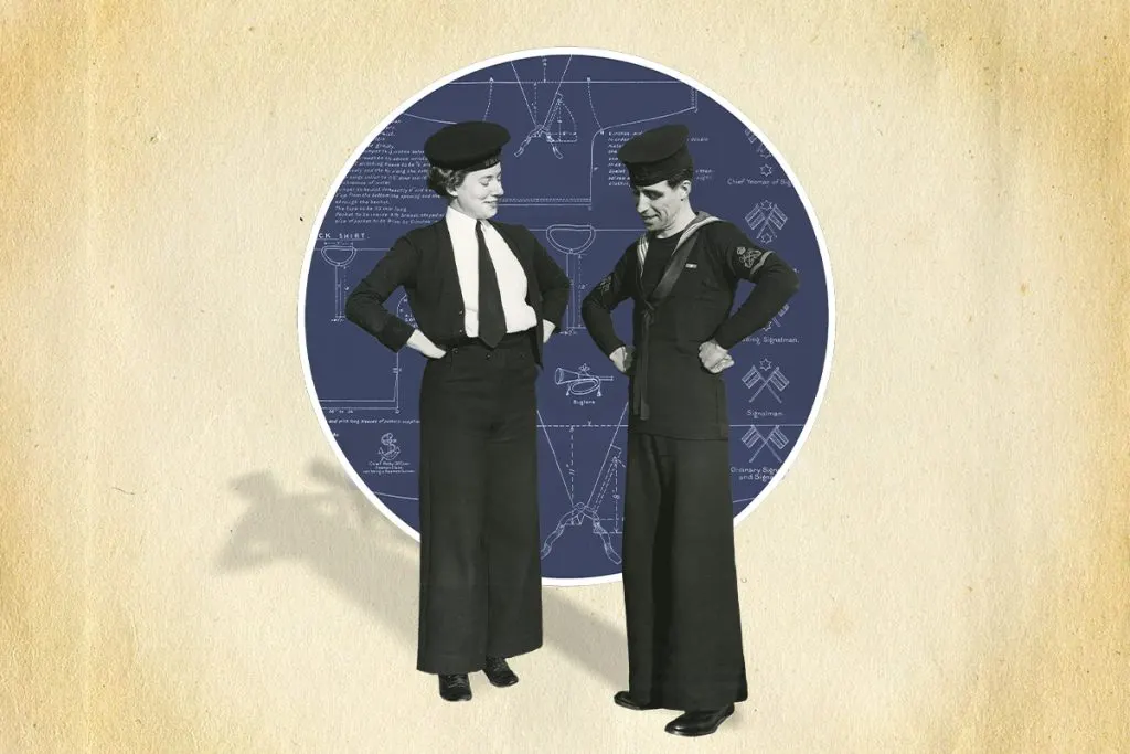 Vintage-style collage image featuring two people in historical naval uniforms standing in front of a circular blueprint background with maritime diagrams.
